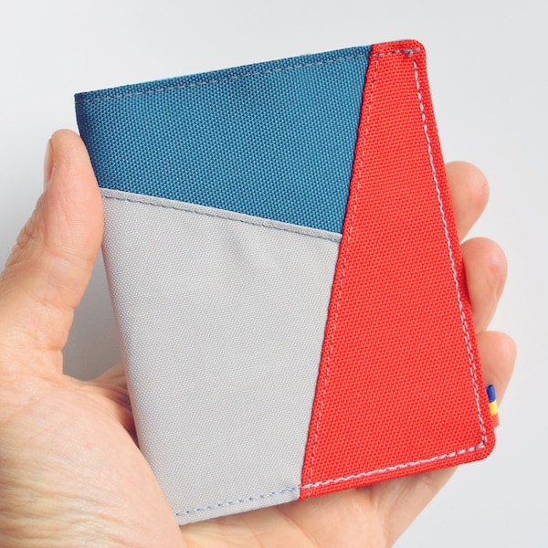Mens Bifold Wallet. Red Teal and Grey Cordura Wallet. Vegan Wallet. Slim Wallet. Thin Wallet. Minimalist. Upcycled Wallet.