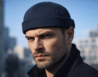 Handmade docker hat made from dark navy cotton
