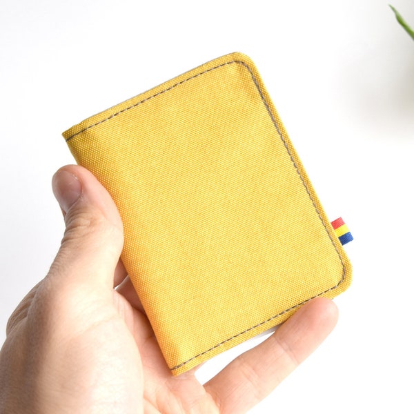 Cards wallet in gold yellow Cordura. Minimalist bifold. Small vegan wallet.