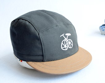 Bicycle embroidery 5 panel cap, Gray and brown