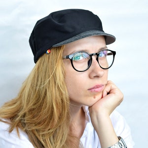 Black kepi cycling cap, Army style cotton hat, Short grey wool brim
