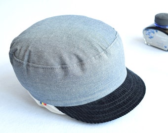 Soft brim cycling cap, Light blue and dark blue army hat, Handmade