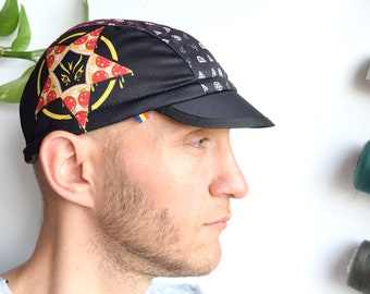Black cycling cap with satanic pizza print, Spandex cycle hat, Pentagram, goat and other heathen symbols