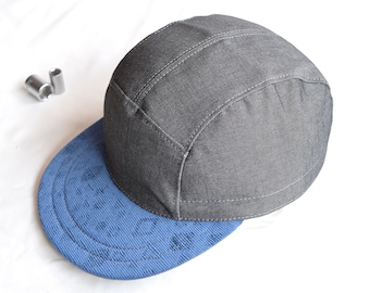 Grey snapback hat, Cotton 5 panel hat, Blue brim baseball cap, Snap back cap, Grey 5 panel