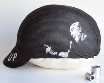 George Carlin cycling cap, Atheist quote, Black spandex cycle hat, Wake Up Mankind!