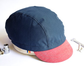 Blue and Red Cycle Cap. Polycotton. Contrasting colors.