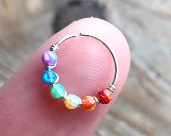 Super/thin 14k gold/rose gold filled-925 silver 6/7/8/9/10mm cartilage/tragus/rook/daith/helix/snug/lobe/nose ring rainbow fire opal