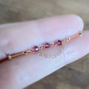 Dainty elegant gold-silver-2 holes double chain dangle industrial barbell helix piercing swarovski crystal purple