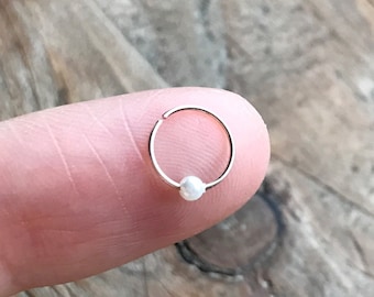 Super thin 14k gold/rose gold filled cartilage/tragus/rook/daith/helix/snug earring nose ring hoop with tiny faux pearl bead-dainty