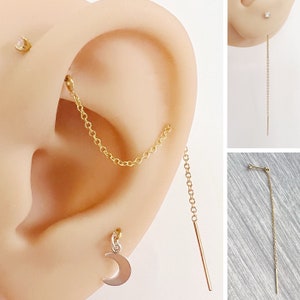 Dainty barbell earring chain, industrial style helix lobe  2.5mm CZ simple everyday jewelry