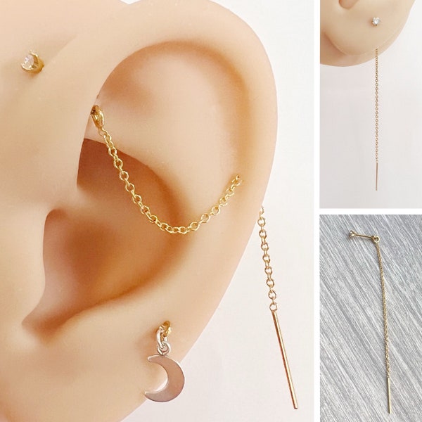 Boucle d'oreille à enfiler fine chaîne de boucle d'oreille d'haltères minimaliste double piercing lobe hélicoïdal industriel 2,5 mm CZ bijoux de tous les jours