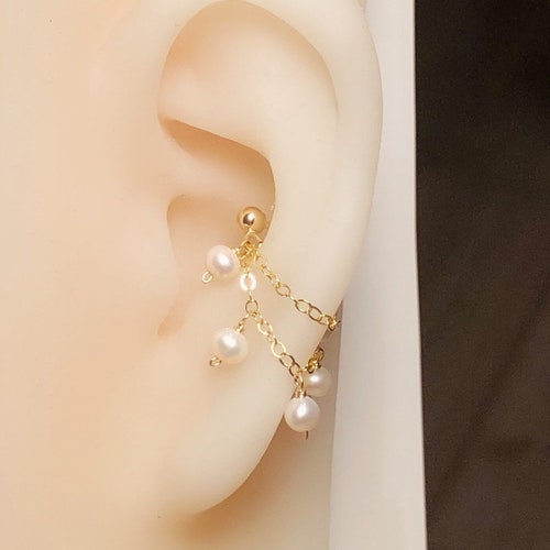 Double Chain Pearls Conch Earring - 14K Gold/Rose Filled or Sterling Silver