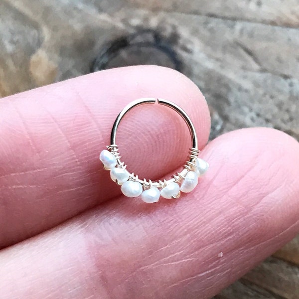 18/20/22/24 gauge 14k gold filled cartilage thin earring hoop with 7 tiny freshwater pearls -small nose tragus rook daith conch septum-weddi
