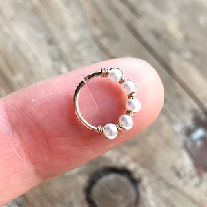 14k rose/gold filled-925 silver  6/7/8/9/10mm cartilage/tragus/rook/daith/helix/snug earring nose ring hoop with tiny 2mm faux pearls