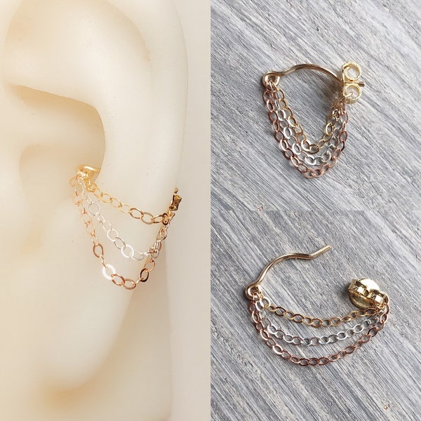 20 gauge/0,8 mm-925 sterling zilver-14k rose/goldfilled triple kettingen oorbel-conch kraakbeen helix kwab piercing sieraden