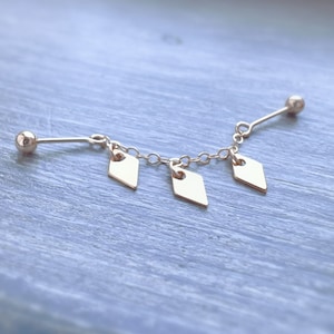 Bijoux de piercing 2 trous chaines en gold filled 14 carats-boucles d'oreilles industrielles-dos sphérique-diamants