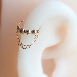 20/22/24 gauge 14k rose/gold filled-925 sterling silver 3 tiny beads-chain cartilage earring hoop helix septum rook tragus daith jewelry