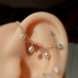 Catena per orecchini a lobo in oro rosa 14k/argento sterling 925 con perle d'acqua dolce, piercing all'elica, solo catena.