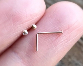 Super Thin 24 gauge tiny flat top 14k GOLD/ROSE gold filled-925 sterling silver nose stud L shape nose ring dainty everyday tragus/nose