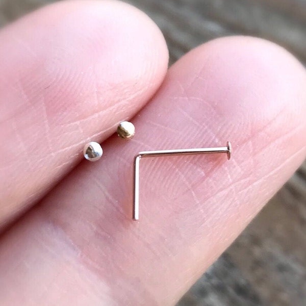 Super Thin 24 gauge tiny flat top 14k GOLD/ROSE gold filled-925 sterling silver nose stud L shape nose ring dainty everyday tragus/nose