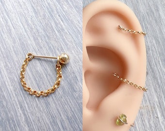 Dainty 14k gold filled barbell ball back-rolo chain cartilage helix earring helix conch lobe earring jewelry