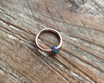 20/22/24 gauge-14k rose gold filled cartilage/tragus/rook/daith/helix/snug earring nose ring hoop with tiny deep navy blue fire opal-dainty