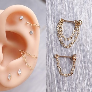 Delicados y diminutos pendientes colgantes de oro de 14 k con forma de corazón, cadena doble individual, para cartílago, hélice, caracola, lóbulo, joyería corporal sin níquel