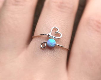925 sterling silver-Dainty Fire opal wire heart ring-4mm white/light blue/pink/deep blue peacock fire opal