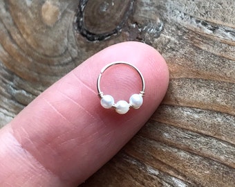 Super thin 14k rose/gold filled-925 silver  6/7/8/9/10mm cartilage/tragus/rook/daith/helix/snug earring nose ring hoop with tiny 2mm pearls