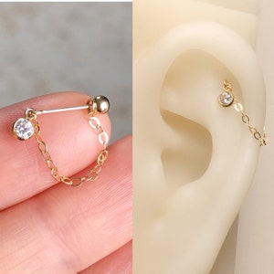 Dainty 14k gold filled/925 sterling silver barbell-sparkle clear 3mm CZ-chain cartilage earring helix conch lobe earring jewelry