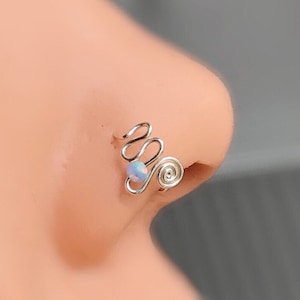 Super thin 14k gold/rose gold filled-925 silver cartilage/helix earring/nose ring- light blue fire opal- single earring hole-round spiral-24