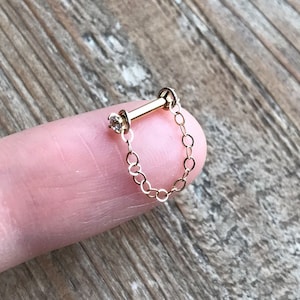   Knorpel Helix Lobe Conch Dangle Jacke Kette Piercing 1.2 mm/ 16 Gauge - 6 mm CZ Barbell - 14k Gold/Roségold filled -925 Sterling Silber Kette