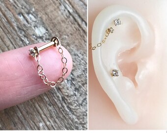 Cartilage helix lobe conch Dangle jacket chain piercing 1.2mm/16 gauge-6mm CZ barbell-14k gold/rose gold filled-925 sterling silver chain