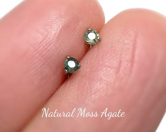 Natural moss agate-TINY 2mm top-1.2mm/16 gauge-6mm gold/silver barbell-cartilage helix lobe conch earring stud ball back