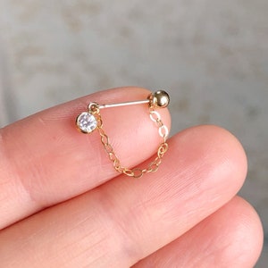 Dainty 14k gold filled/925 sterling silver barbell-sparkle clear 3mm CZ-chain cartilage earring helix conch lobe earring jewelry