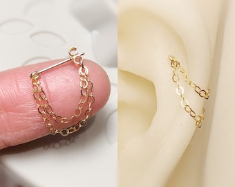 Dainty 14k rose/gold filled-925 sterling silver double chains dangle cartilage earring helix conch lobe  jewelry