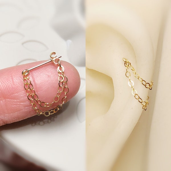 Dainty 14k rosa/oro relleno-925 cadenas dobles de plata de ley cuelgan pendiente de cartílago hélice lóbulo de caracol Joyería del cuerpo libre de níquel