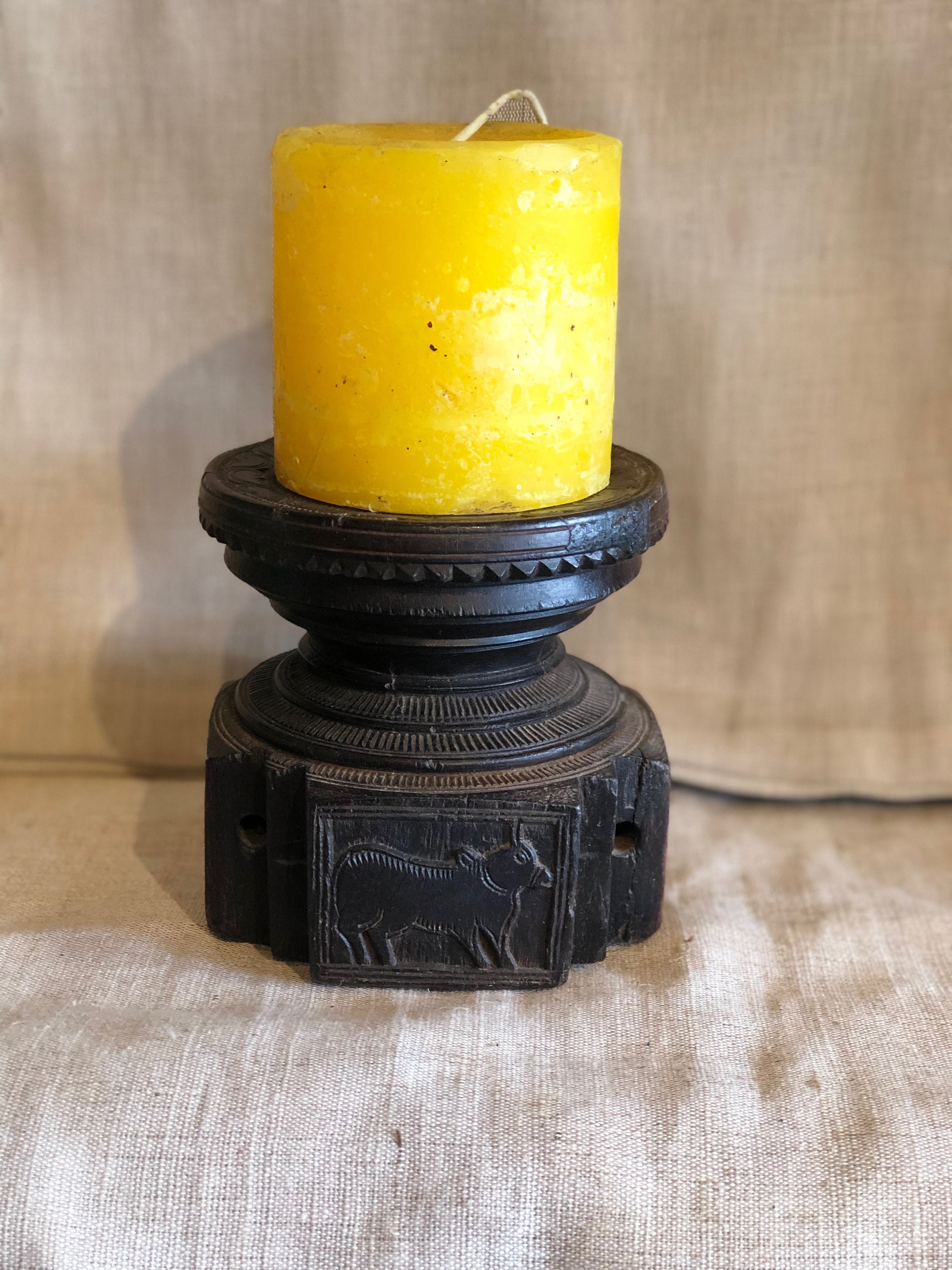 Vintage Indian hand carved wood candle holder, Candle holder