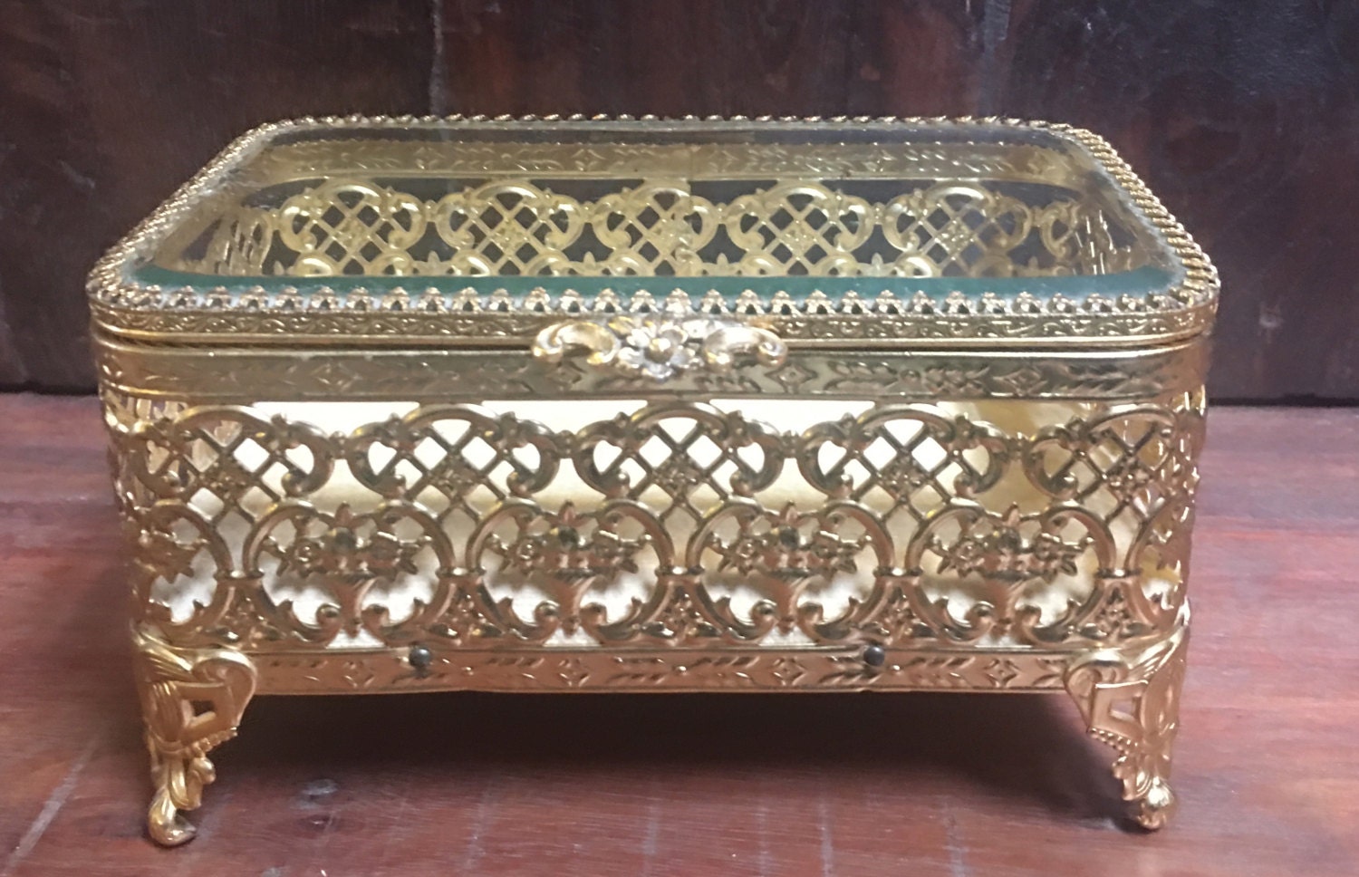 Vintage brass jewelry box, jewelry box, Glass top brass box, storage