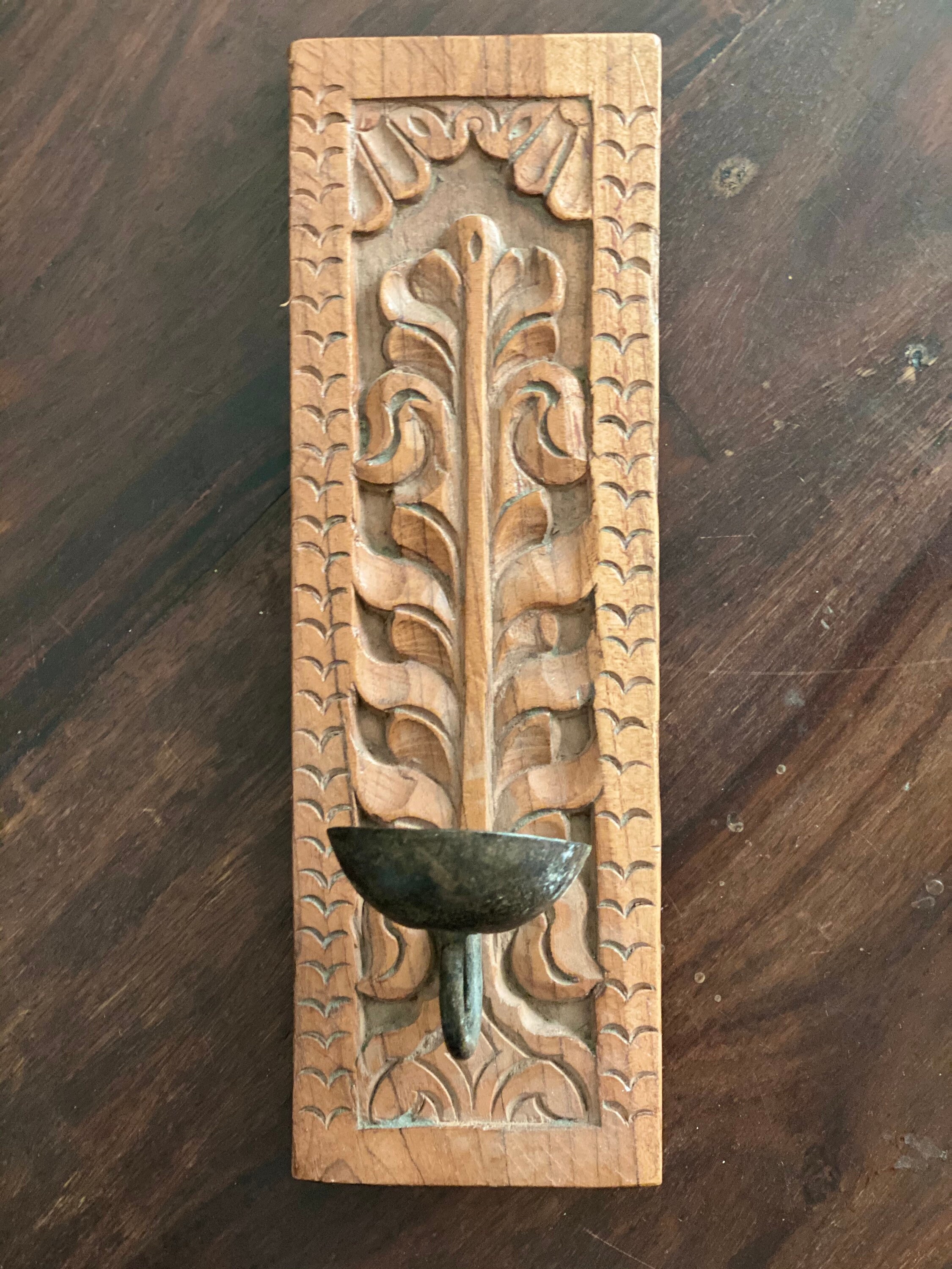 Vintage Indian hand carved wooden candle holder, Rustic candle holder, wall sconce candle