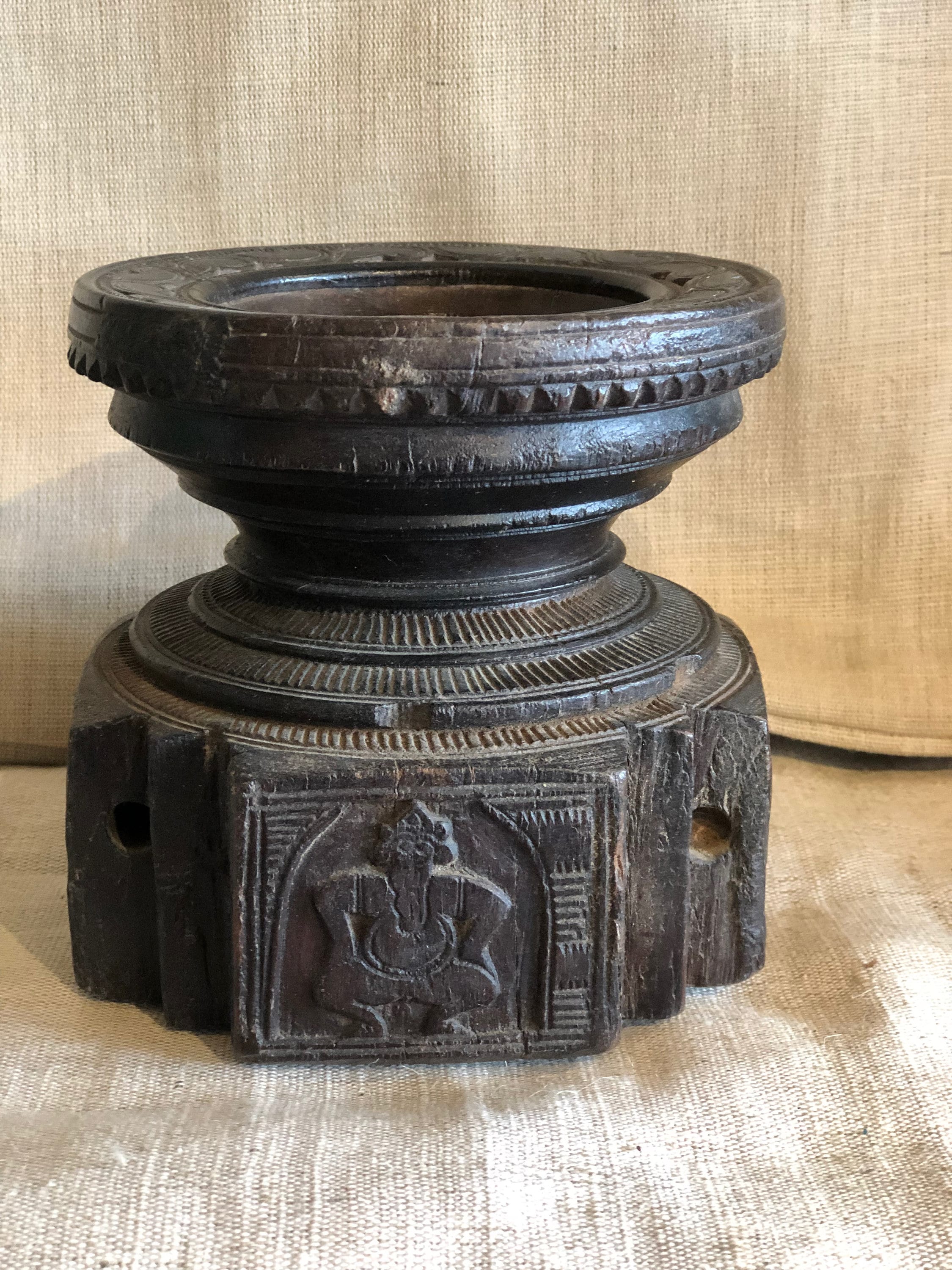 Vintage Indian hand carved wood candle holder, Candle holder