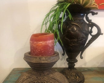 Vintage Indian hand carved wood candle holder