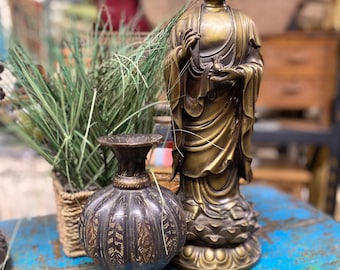 Vintage Gilt Bronze Praying Buddha Statue on Lotus - 17” Tall