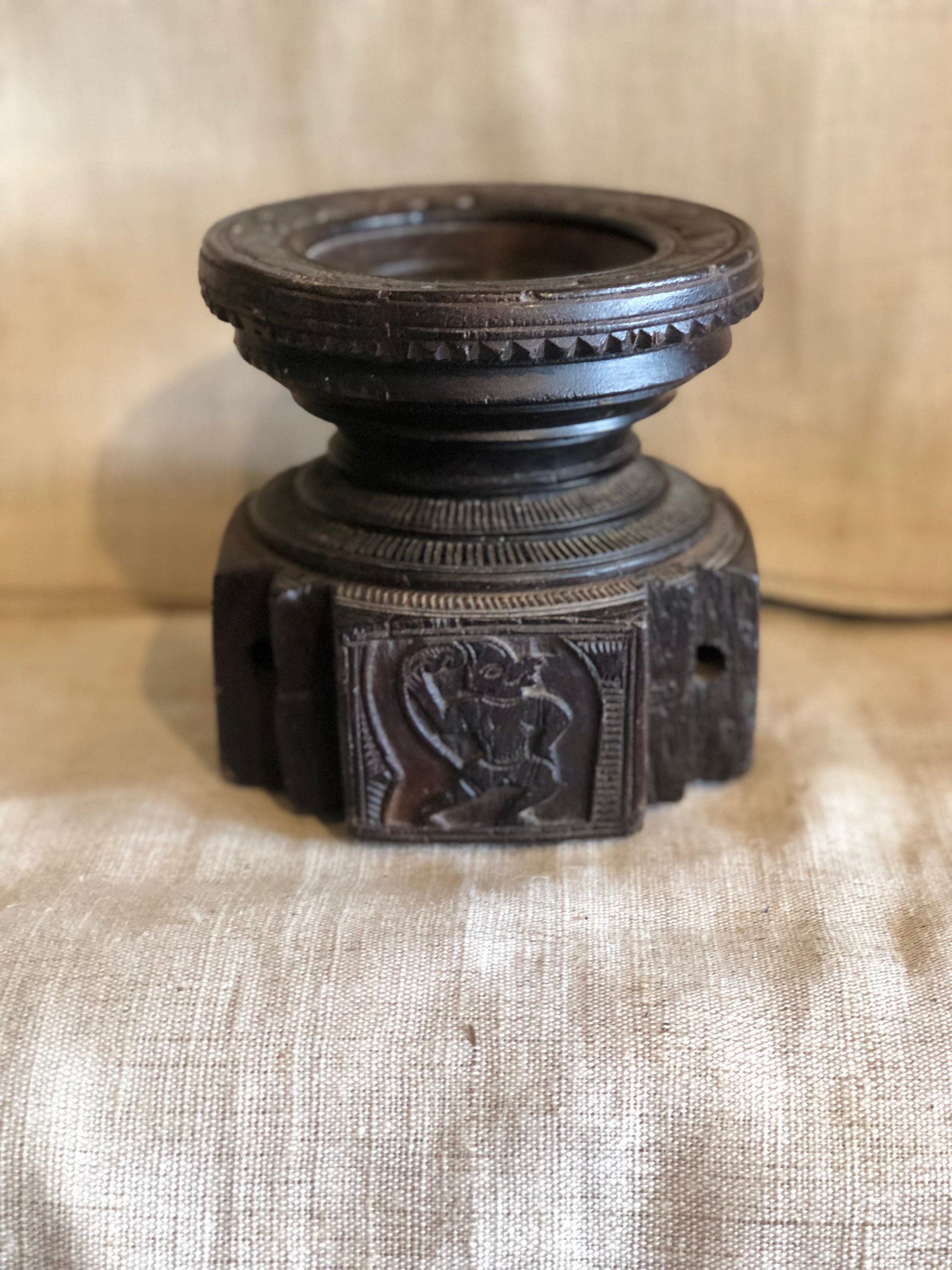 Vintage Indian hand carved wood candle holder, Candle holder