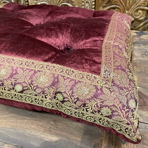 Burgundy Velvet Sari fabric floor sitting cushion, Floor cushion, Tufted floor cushion, large floor cushion image 2