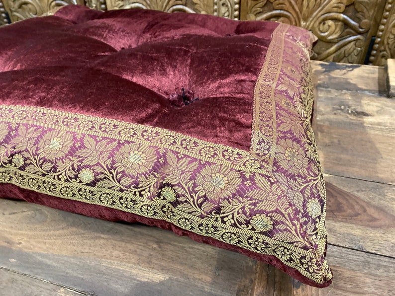 Burgundy Velvet Sari fabric floor sitting cushion, Floor cushion, Tufted floor cushion, large floor cushion image 2