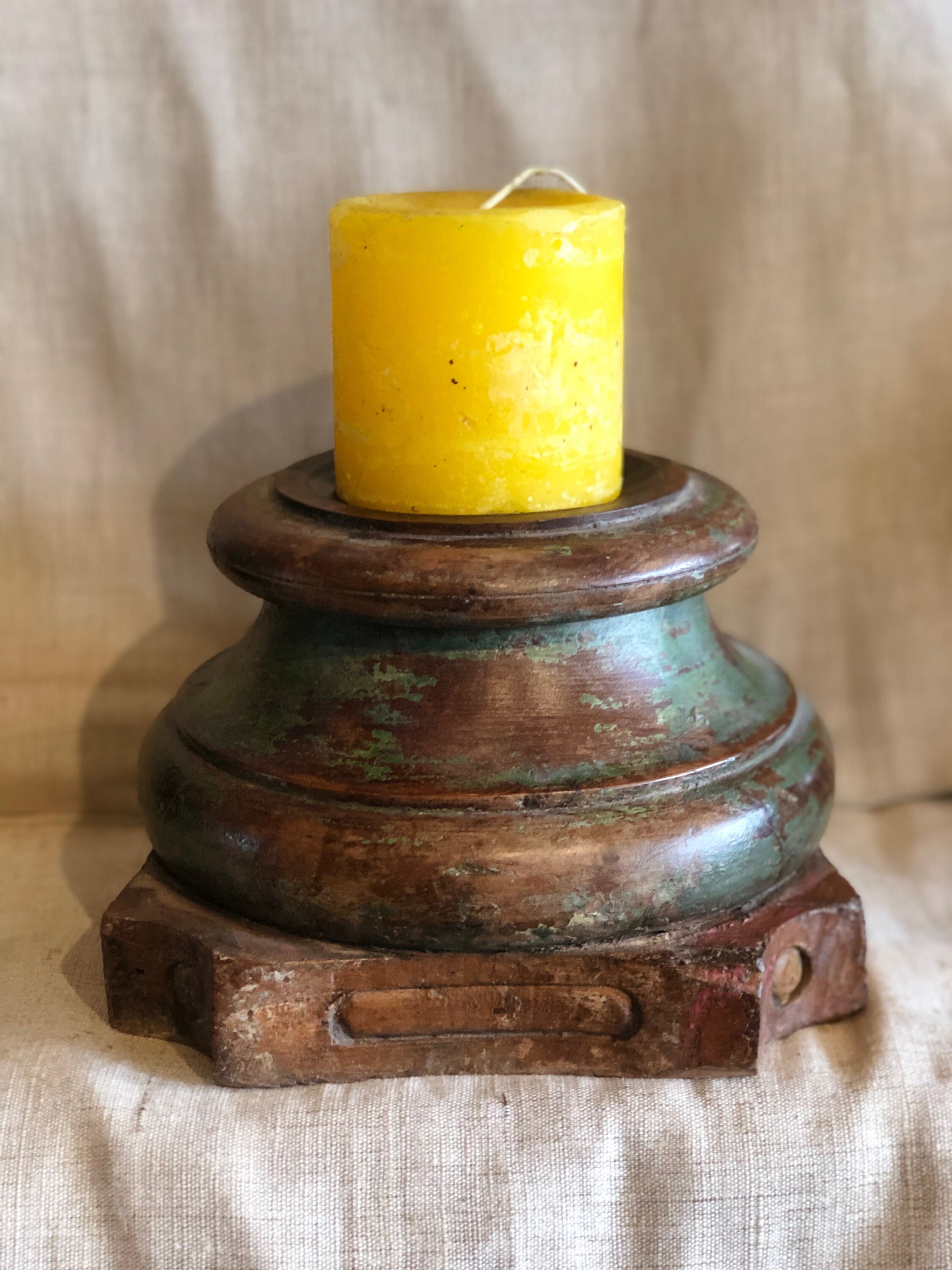 Indian old wood pillar candle holder