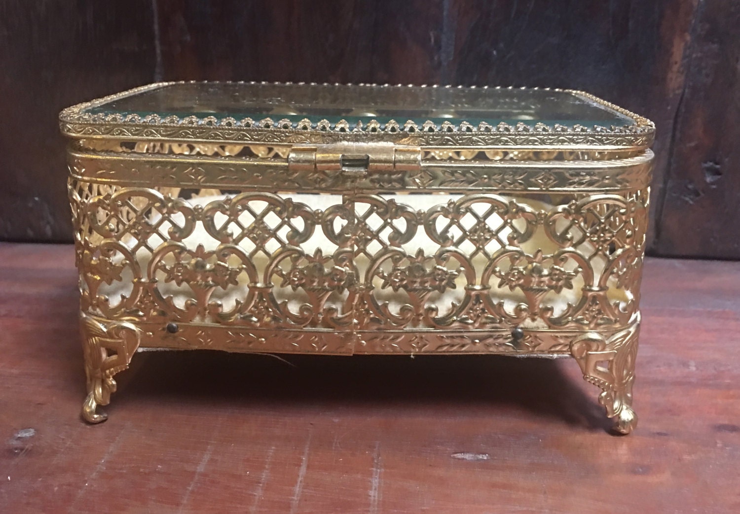 Vintage brass jewelry box, jewelry box, Glass top brass box, storage