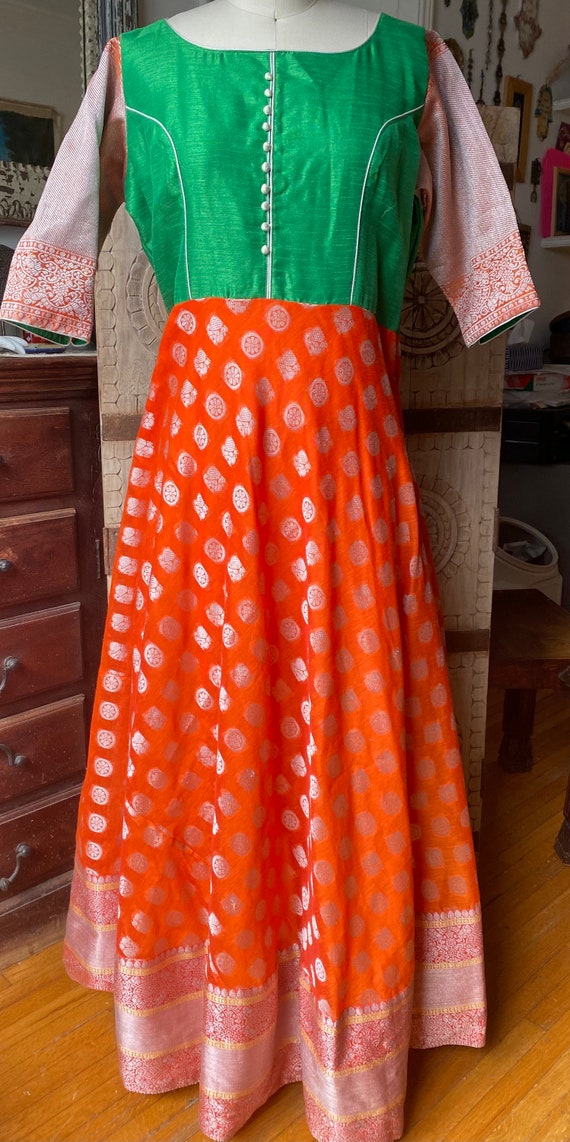 slim fit dress slacks 2pc Orange light green handloom maheshwari cotton silk dress material –  GoSwadeshi