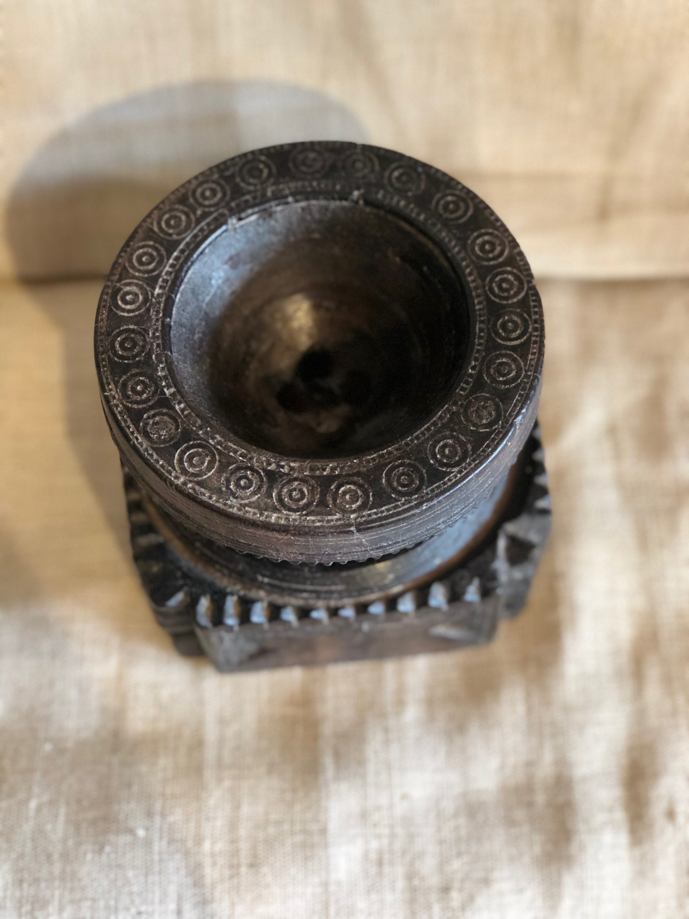 Vintage Indian hand carved wood candle holder, Candle holder